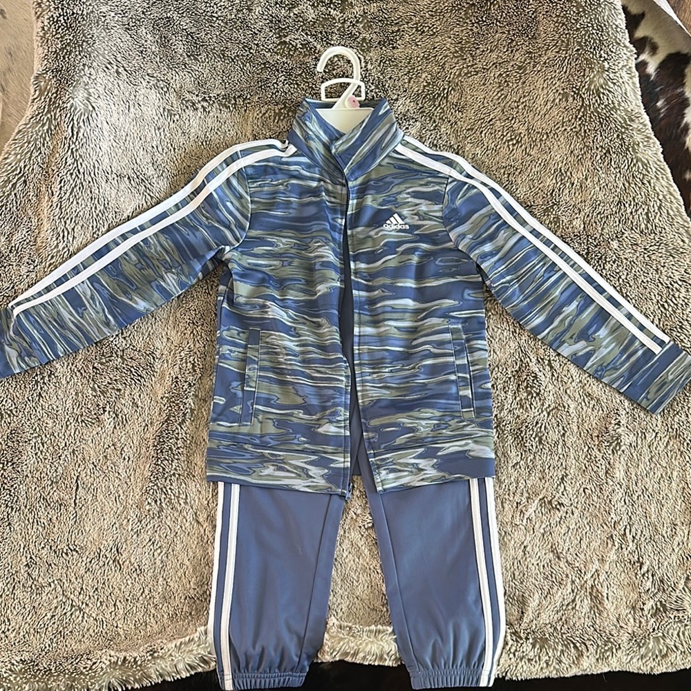 Adidas Blue Patterned Track Suit with White Stripes